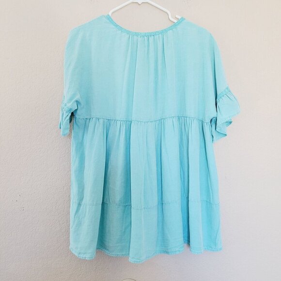 Easel Short Sleeve Top Size Small 100% Tencel Ruffle Boho Oversized Tassel Teal - Picture 8 of 8